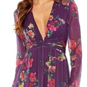 Mac Duggal Women's Ieena Long Sleeve Ruched Top Deep V Gown